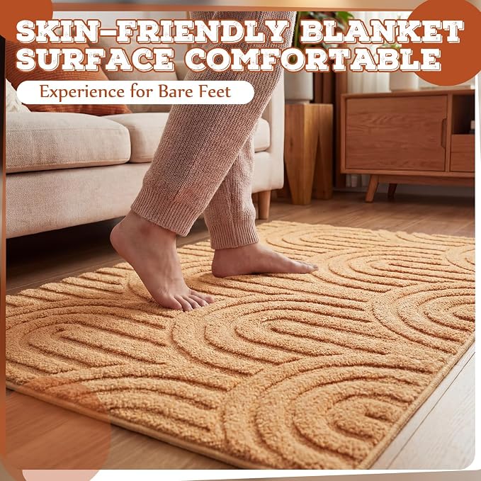 Drydiet Orange Boho Jacquard Bathroom Rug for Bathroom 3D Arched Stripes Non Slip Absorbent Extra Thick Soft Carpet, Plush Bath Rug with Rubber Backing for Bath Shower, 20''x30''