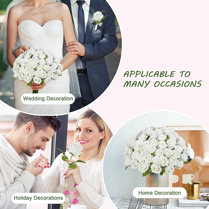 Fake Plants Roses Flowers Plastic Flowers Spring Decorations for Home Gifts for Gf Roses Artificial Flowers for Vase Fake Flowers Home Decor Fake Plant19.6“ (White 100PCS)