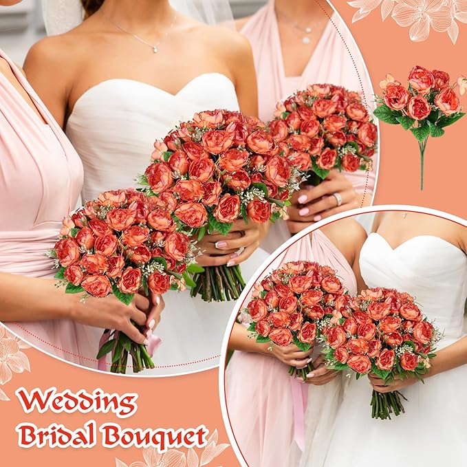 12 Bundles Peonies Artificial Flowers Fake Peony Bouquet Faux Peonies Flowers Bulk with Stems Flower Balls for Centerpiece Table Decorations Wedding Bridal Floral Arrangement (Orange)