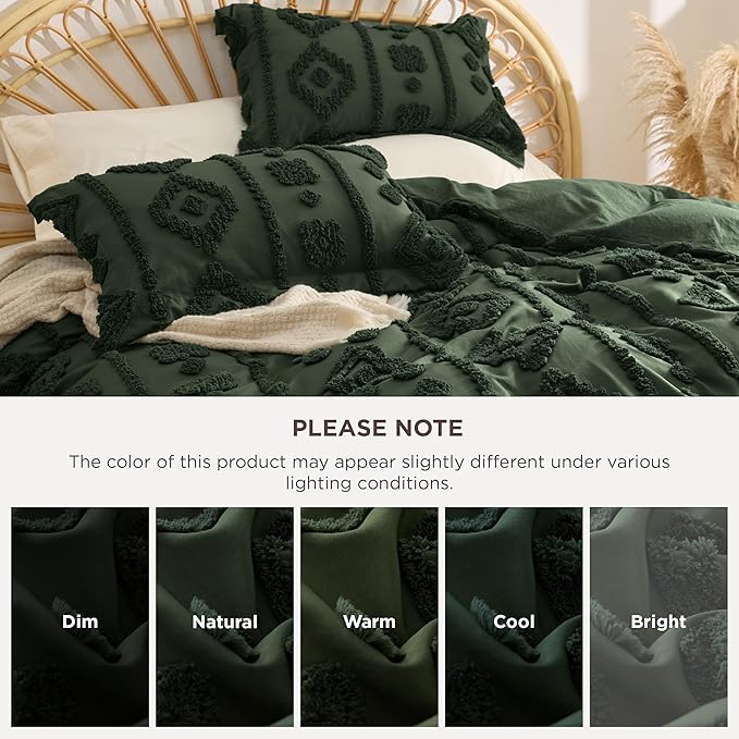 Bedsure Boho Duvet Cover King - Dark Green Tufted Boho Bedding, Farmhouse Shabby Chic Embroidery Bedding for All Seasons, 3 Pieces, 1 Soft Jacquard King Comforter Cover and 2 Pillow Shams