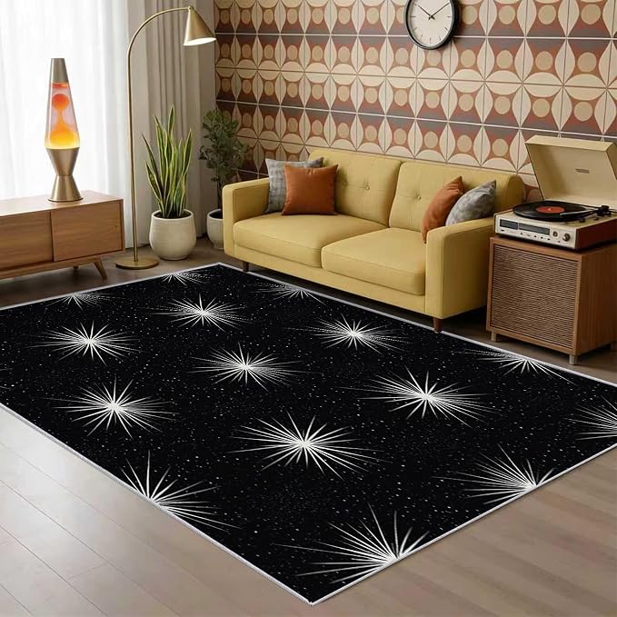 Starburst Rug Square 8x8 Mid Century Modern Retro Pattern Area Rugs for Living Room, Bedroom, Starburst Home Decor Accessories Indoor Carpet, Non Slip & Machine Washable