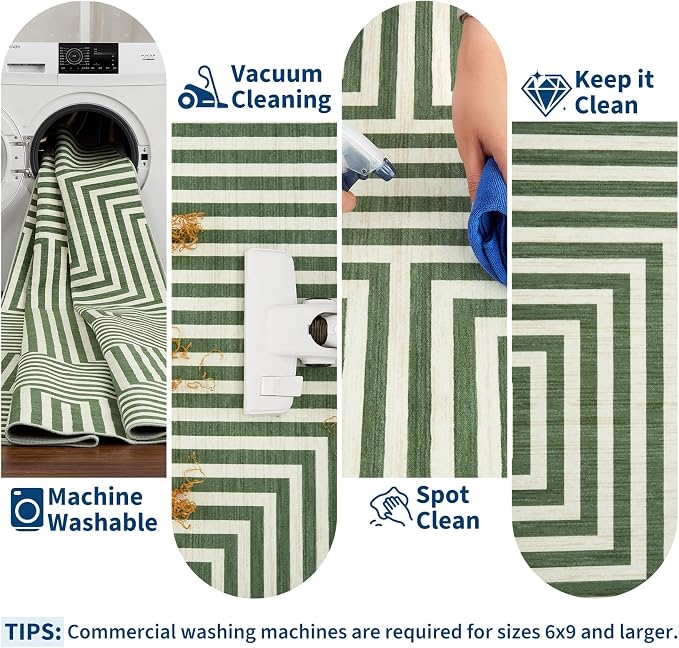 Washable Modern Lines Large Rug 10x13 for Living Room Modern Geometric Rugs Low Pile Soft Bedroom Carpet Thin Foldable Abstract Floor Carpet for Dining Kids Room Playroom, Green