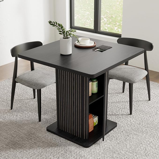 Small Black Dining Table for 2-4, 31.5 Inch Farmhouse Square Kitchen Table with 2-Tier Storage Shelf, Modern Wood Dinner Furniture with Fluted Doors, Dining Room, Living Room, Space Saving