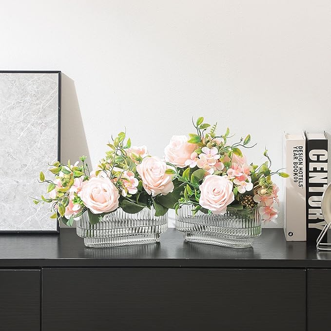 Ribbed Glass Vases, Clear Vases for Flowers Set of 2, Glass Vase for Centerpieces, Rectangle Vase for Living Room, Bedroom, Kitchen, Dining Table, Shelf, Wedding