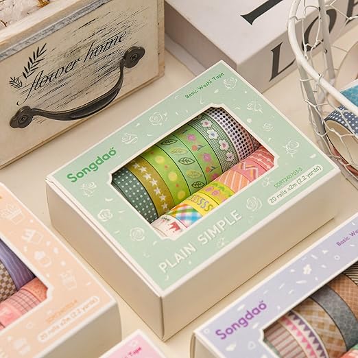 Songdao 20 Rolls Basic Washi Tape Set Japanese Arts Adhesive Tapes Simple Patterns Decorative Masking Tape Sets for Craft, Kids, Scrapbook, DIY, Gift Wrapping (Style Five)