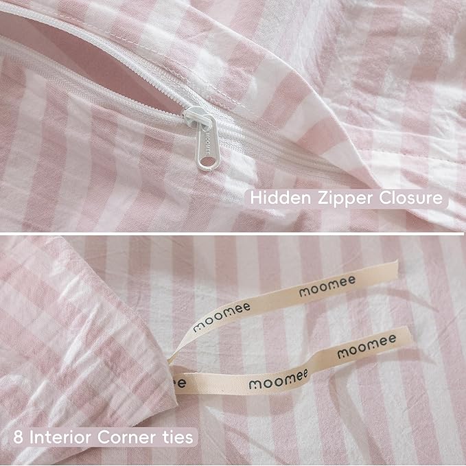MooMee Striped Duvet Cover Set 100% Washed Cotton Linen Like Textured Breathable Durable Soft Comfy (Heathered Greyish Pink Classic Stripes, Cal King 104"x98")