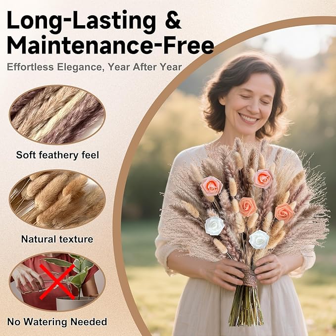 Pampas Grass Boho Home Decor 101PCS 17 inch Natural Dried Flowers for Vase Pompas Eucalyptus Stems, Artificial Flowers Bouquet DIY Arrangements Boho Wedding Bedroom Tables Rustic Decoration