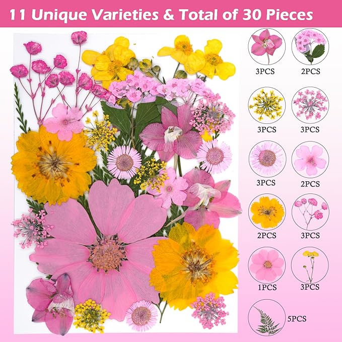 30Pcs Dried Pressed Natural Flowers for Resin Molds Real Pressed Flowers Dry Leaves Bulk Natural Herbs Kit for DIY Scrapbooking Art Crafts Jewelry Molds Candle Soap Making Nails Decor (Yellow+ Pink)