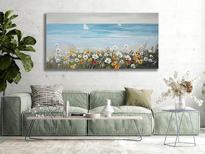 Ardemy Daisy Large Wall Art for Living Room, Floral Canvas Wall Art Ocean Flower Pictures Paintings Wall Decor Living Room Wildflower Artwork Dining Room Home Office Kitchen, 48"x24"