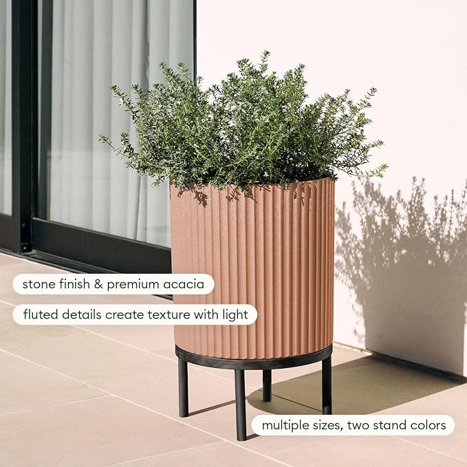 Veradek Demi Series Round Planter w/Stand for Porch/Patio | Durable Plastic-Stone Composite & Wooden Stand | Modern Décor for Tall Plants, Flowers