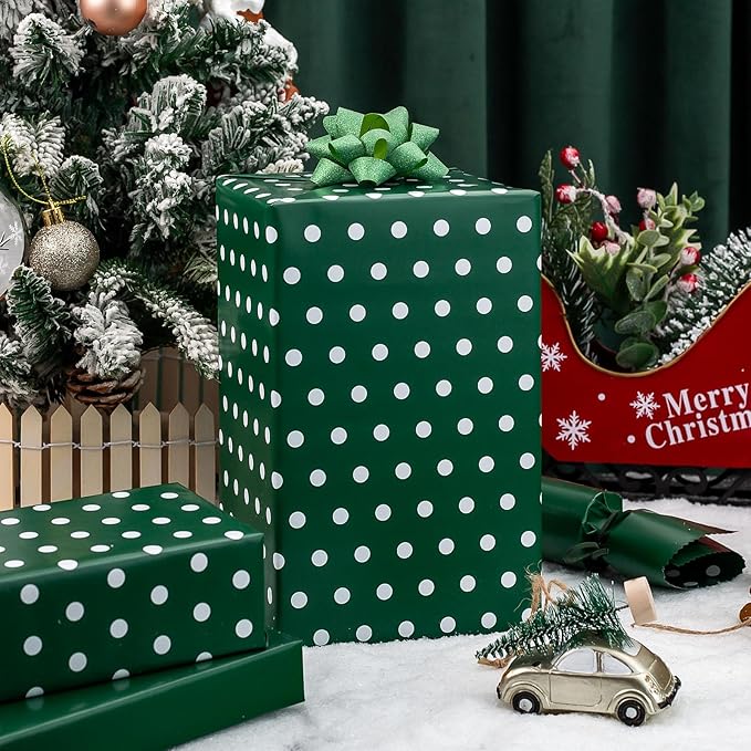 Yarcony Polka Dots Reversible Wrapping Paper Roll - 17 Inch x 33 Feet - Classic Green and White Christmas Polka Dot Holiday Winter Themed Wrapping Paper for Holiday, Birthday, Party, St. Patrick's Day