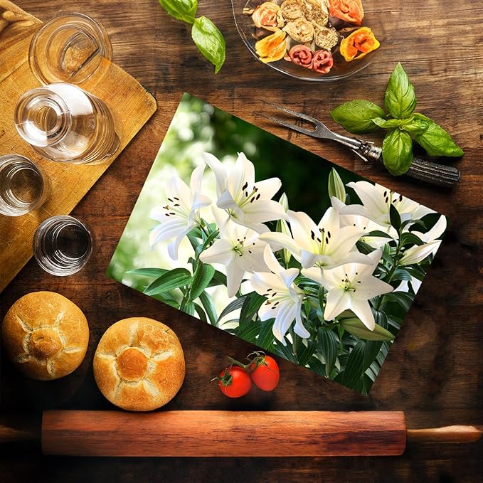 White Lily Floral Pattern Flower Love Kitchen Glass Cutting Board Decorative Valentine's Mother's Day Gift For Her Flowers (White Lily)