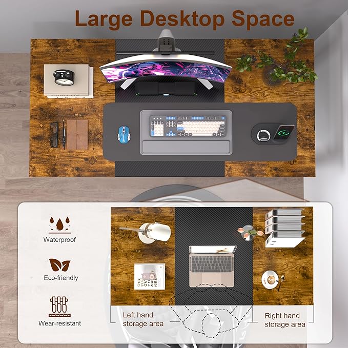 Computer Desk, 55 Inch Home Office Desks, Office Desk for Gaming Writing Study Work, Study Table with Large Legroom, Computer Desk with Metal Frame (Brown + Black Carbon Fiber Tabletop, 55inch)