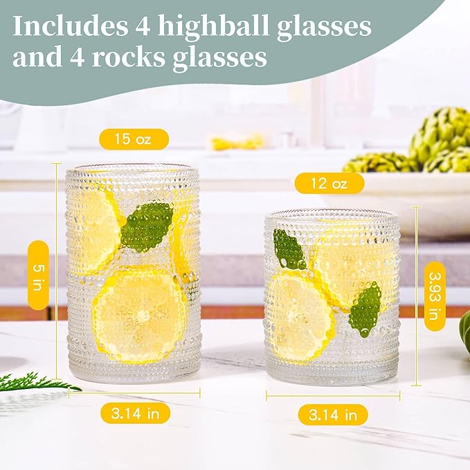 Blue Hobnail Drinking Glasses Set of 8, 15 oz Vintage Highball Glassess & 12 oz Cocktail Glasses, Drinkware Kitchen Glasses for Cocktail, Iced Coffee, Beer, Ice Tea, Wine, Whiskey, Water