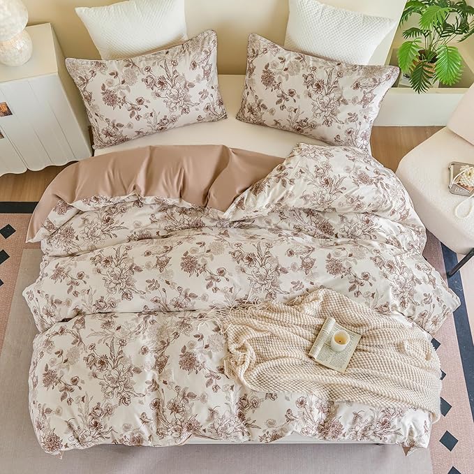 Brown Floral Duvet Cover Set 100% Percale Cotton Queen Size Shabby Vintage Toile Flower Printed Comforter Covers with Zipper, Soft & Breathable French Country Bedding 3Pcs-Not Comforter
