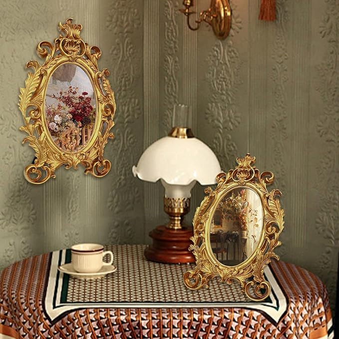 Gold Picture Frames, 5x7 Oval Vintage Photo Frame, Classic Carved Resin Picture Frame with Glass Front, Ornate Hand-Crafted Photo Frames for Tabletop or Wall Hanging, Photos Display Frame