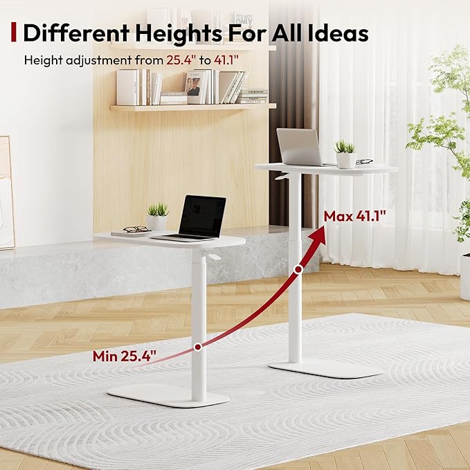SANODESK Small Standing Desk Pneumatic Height Adjustable Small Sit Stand Desk Laptop Desk Overbed Table Computer Cart for Home Office Computer Workstations(23.6" W x 13.8" D,White)