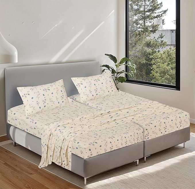 RUVANTI Flannel Sheets Split King Size - 100% Cotton Brushed Split King Bed Sheets Set - Deep Pockets 16 Inches - All Seasons Breathable & Extra Soft - Warm & Cozy, 5 Piece, Jasmine Stamp Cream