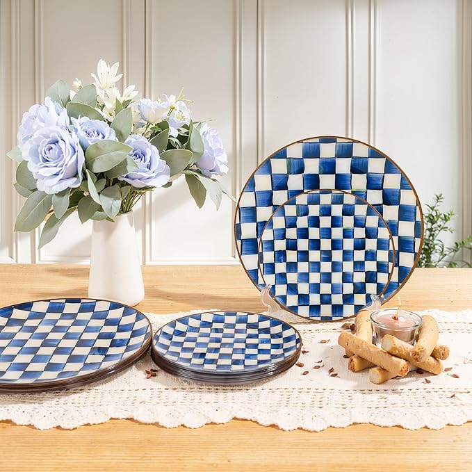 U-QE 20PCS Blue Plastic Plates for Party - Retro Checkered Plates Disposable Heavy Duty - Blue and White Plate for Party, Birthdays - 10 10.25 Inch Dinner and 10 7.5 Inch Dessert Plate