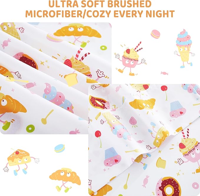 Viviland 3 Pieces Girls Cake Dessert Twin Sheet Set - Soft Microfiber Fitted Flat Sheets & Pillowcase - Kids Cute Ice Cream Donuts Print Bedding Sets - for Kids & Toddlers