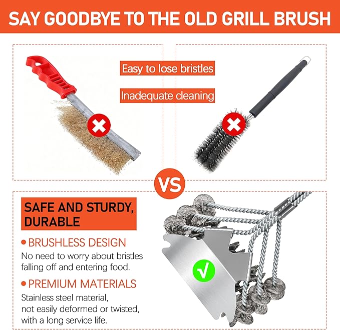 Grill Brush Scraper Bristle - 18" Stainless Grill Grate Cleaner Brush, Safe BBQ Brush for Grill - for Porcelain/Weber Gas/Charcoal Grill,