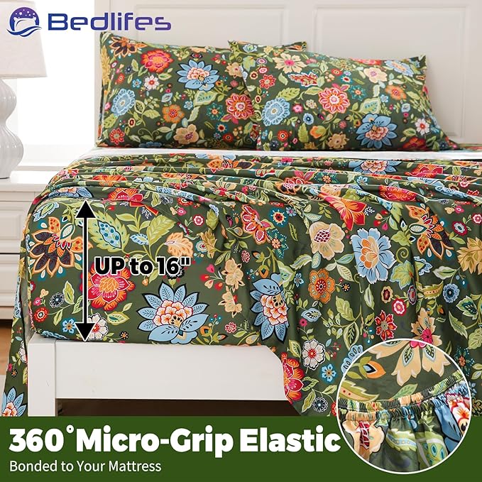 Bedlifes Twin Floral 3-Piece Sheet Set - Cooling Sheets Blend Rayon Derived from Bamboo,Soft & Breathable, Deep Pocket 16", Wrinkle Resistant - Vibrant Boho Floral Dark Green