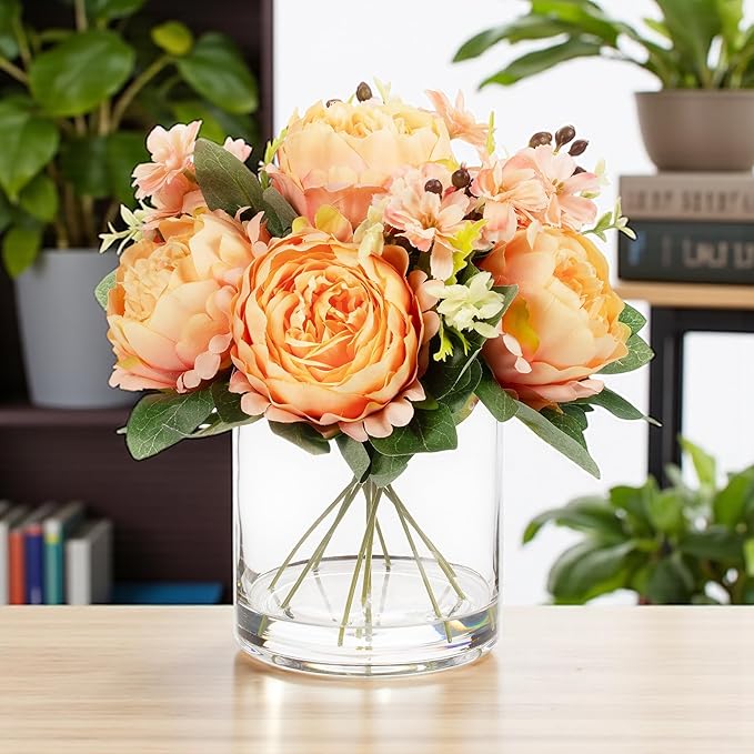 ENOVA FLORAL Artificial Flower Arrangement with Vase,Mixed Artificial Fake Silk Peony Flower in Vase for Decoration Home Office, Wedding Centerpiece (Orange01)