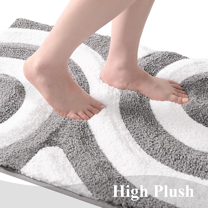 QJHOMO Gray and White Bathroom Rugs Non Slip Bath Mat Modern Aesthetic Bathroom Decor, Geometric Striped Bath Rug Soft Fluffy Floor Mats, Thick Microfiber Carpet Machine Washable Bathmat (18x26 inch)