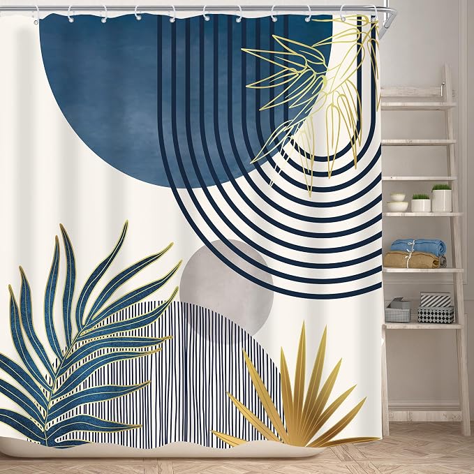 KOMLLEX Mid Century Boho Shower Curtain for Bathroom Decor Abstract Modern Sun Minimalist Aesthetic Arch Curve Leaves Geometric Navy Blue Gray Neutral Fabric Waterproof Polyester 12 Hook 72Wx72L