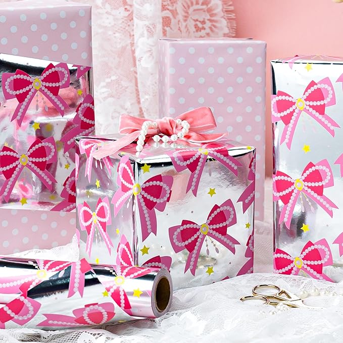 Homeral Pink Bow Wrapping Paper Roll - Mini Roll - 17 Inch x 33 Feet - Pink Ribbon Pearl Bow Perfect for wrapping paper for girls Valentine's Day, Girls Birthday, Bachelorette Party, Baby Shower.