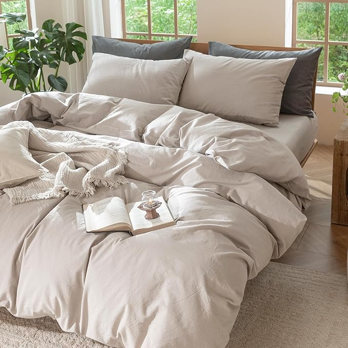 MooMee Bedding Duvet Cover Set 100% Washed Cotton Linen Like Textured Breathable Durable Soft Comfy (Solid Light Tan, Cal King 104"x98")