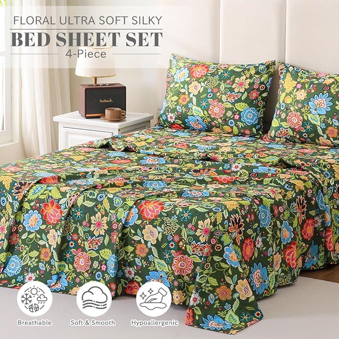 Bedlifes California King Sheet Set Ultra Soft, Breathable, Silky Flower Deep Pocket 100% Microfiber Bedding, 4 Piece Cal King Size with Floral Dark Green