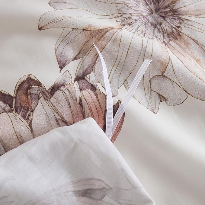 100% Cotton Duvet Cover Queen Size – Cream Hand-Drawn Watercolor Blooms Duvet Cover Set with Zipper Closure & Corner Ties, 3-Piece Luxury & Silky Soft Bedding Set for All Seasons
