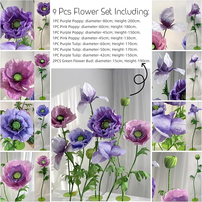 Giant Artificial Flower for Decoration, 9 Pcs/Set Artificial Flower for Wedding Birthday Christmas Purple Party Banquet Backdrop Decor Photography Props, Shop Window Display