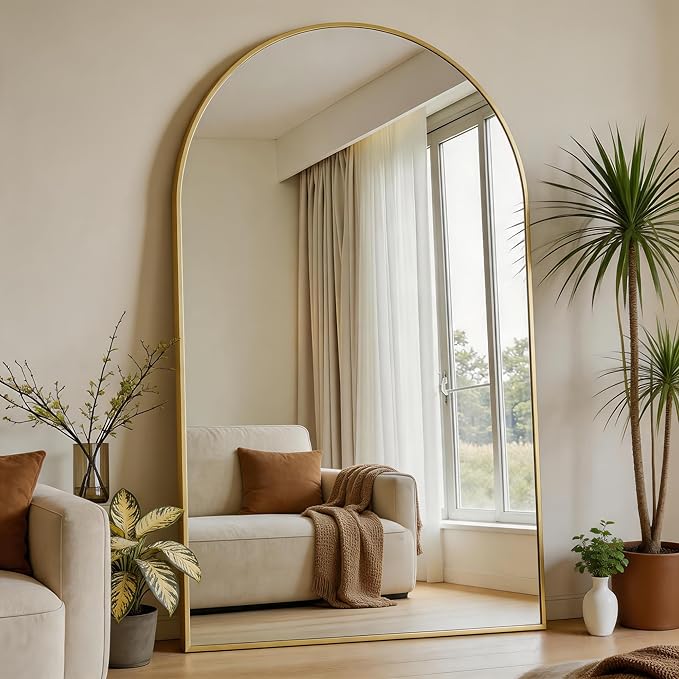 Dewfig Arched Full Length Mirror, 76"x34" Large Floor Mirror, Full Body Mirrors for Leaning or Hanging, Standing Mirrors for Bedroom, Living Room,Dressing Room, Aluminum Alloy Frame, Gold