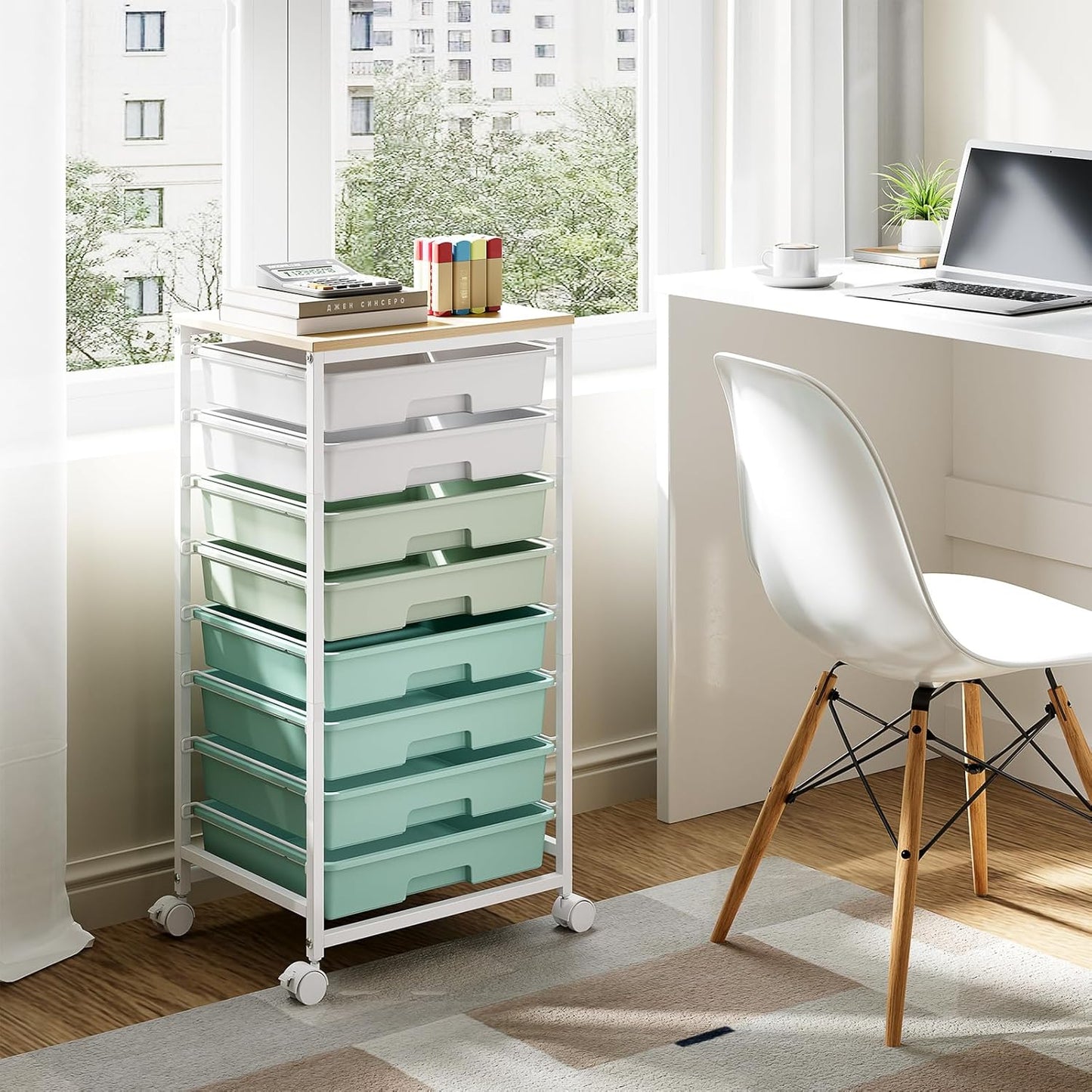 Skiennix Storage Cart - 8 Drawer Utility Cart with White Drawers & Wooden Tabletop | Ideal for Classroom & Office Organization, Green