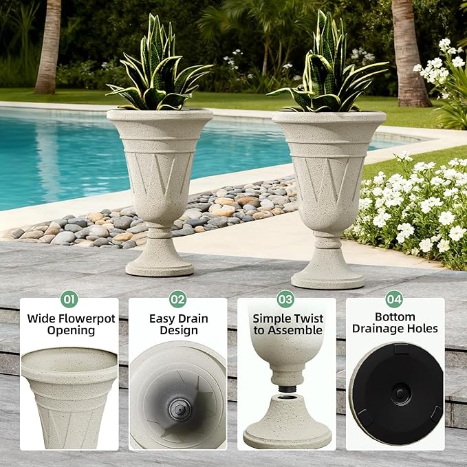 Tall Plastic Urn Planters for Outdoor Plants Set of 2-23.6" H Classic Trophy Design Indoor Large Flower Pots with Drainage Holes, Outdoor Planters for Porch Decor/Garden Vase, Off-White
