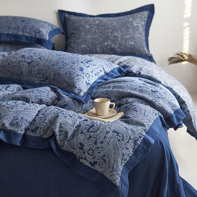 Vintage Navy Blue Duvet Cover Set King Paisley Print Duvet Cover Yarn-Dyed Cotton Jacquard Bedding Comforter Cover Boho Flower Paisley Bedding Set Farmhouse Style Breathable Duvet Cover for Men Women