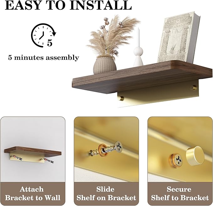 Danpoo 8 Inch Solid Wood Wall Shelf for Storage, Wall Mounted Rustic Walnut Wood Shelves for Bathroom, Living Room, Bedroom and Kitchen