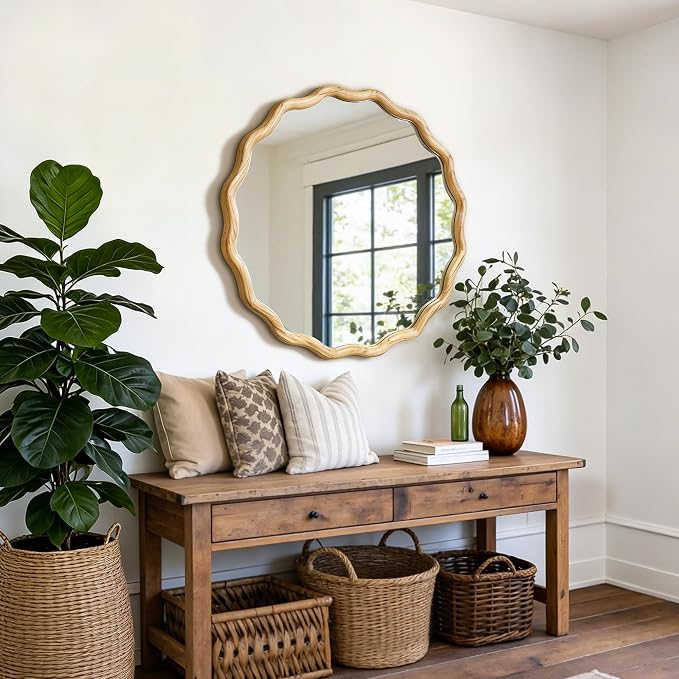 AMOISE Scalloped Round Mirror 28", Boho Wavy Wooden Frame Wall Mirror, Shatterproof Circle Accent Mirror for Bathroom, Bedroom, Entryway and Living Room