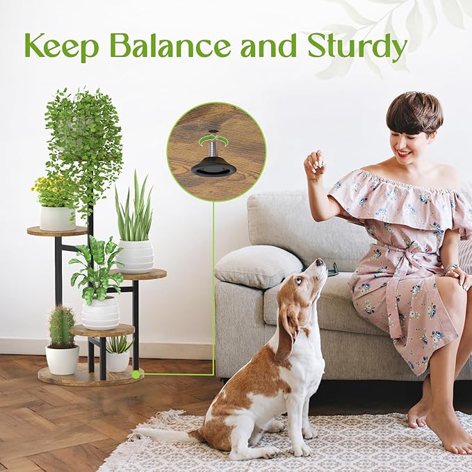 Oppro 5 Tier Plant Stand Indoor, Metal Wood Flower Holder, Heavy Duty Tall Round Multiple Shelf, Sturdy Spiral Planter Orchid Display Rack for House Living Room Patio Corner Bathroom, Modern Black