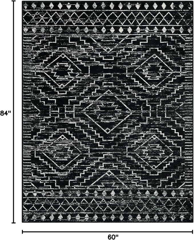 Wonnitar Moroccan Washable Area Rug 5x7, Black Large Rug for Living Room, Non-Slip Boho Bedroom Throw Mat, Low Pile Stain Resistant Geometric Floor Carpet for Dining Table Kitchen Dorm (Black,5'x7')