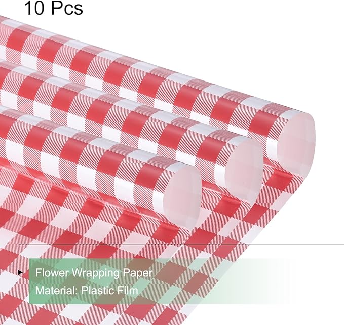 MECCANIXITY Flower Wrapping Paper Waterproof Floral Wrap Plaid Cherry Red Gift Packaging 22.8 x 22.8 Inch Used for DIY Crafts Bouquet Packaging 10 Pcs