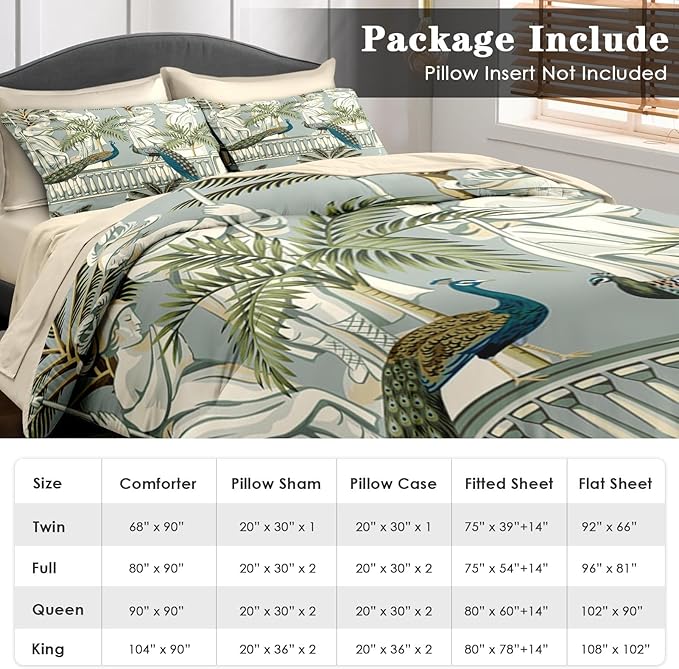 Comforter Set Queen Size, Peacock Bird Animal 7 Pcs Bedding for Kids and Adults, Floral Botanical Grey Green Bed Sheet Sets with Fitted Sheet 2 Pillowcase & 2 Sham for Bedroom Bed Decor