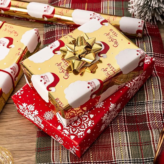 MAYPLUSS Gold Santa Claus Wrapping Paper Roll, 17IN X 33FT Red Christmas Gift Wrap Paper Featuring Merry Christmas Reversible Snowflake for Holiday New Year Kids