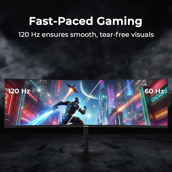 Deco Gear 49″ Curved Ultrawide Dual-QHD Monitor | 5120×1440 32:9 HDR400 | 120Hz VA Panel | USB-C 65W PD, FreeSync, PBP/PIP, KVM Switch | Built-in Speakers & Ergonomic Stand