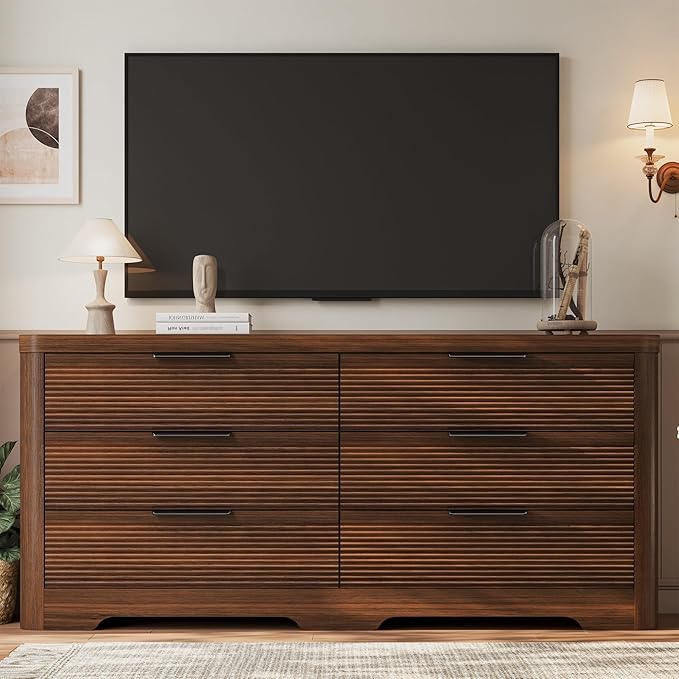 FUSUNBAO Fluted 6 Drawer Dresser, Modern Wood Dresser for Bedroom,TV Stand,Thickened Curved Profile Design,Bedroom,Entryway,Wood Drawer Organizer (Dark Walnut)