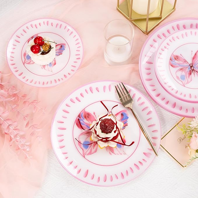 U-QE 20Pcs Pink Plastic Plates for Party - Pink Butterfly Plates Disposable Heavy Duty includes 7.5" Dessert & 10.25" Dinner Plates, Ideal Suitable for Baby Shower, Garden Gathering and Themed Event