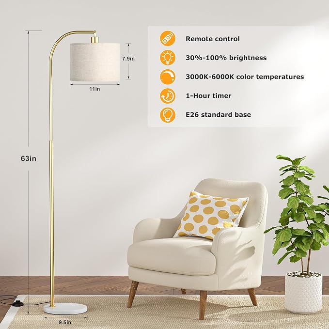 Ambimall Arc Floor Lamp with Remote and Stepless Dimmable Bulb, Colors Temperature & Brightness Adjustable, Gold Pole & Marble Base