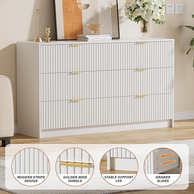 White Dresser for Bedroom, Modern Dresser with 6 Drawers and Smooth Slides, Wide Chest of Drawers with Golden Handles for Bedroom, Living Room, Closet, 15.7" D x 55.1" W x 31.4" H